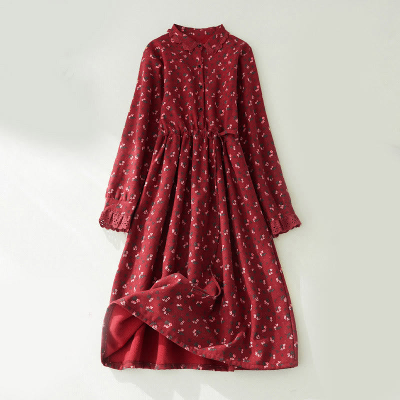 Vestido midi de pana de manga larga con bolsillos y diseño de patchwork de encaje y estampado floral de Buddha Stones - Ladrillo refractario - US8-10，UK/AU12-14，EU40-42 (2XL) - image 0