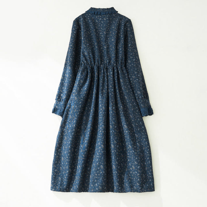 Vestido midi de pana de manga larga con bolsillos y diseño de patchwork de encaje y estampado floral de Buddha Stones - image 9