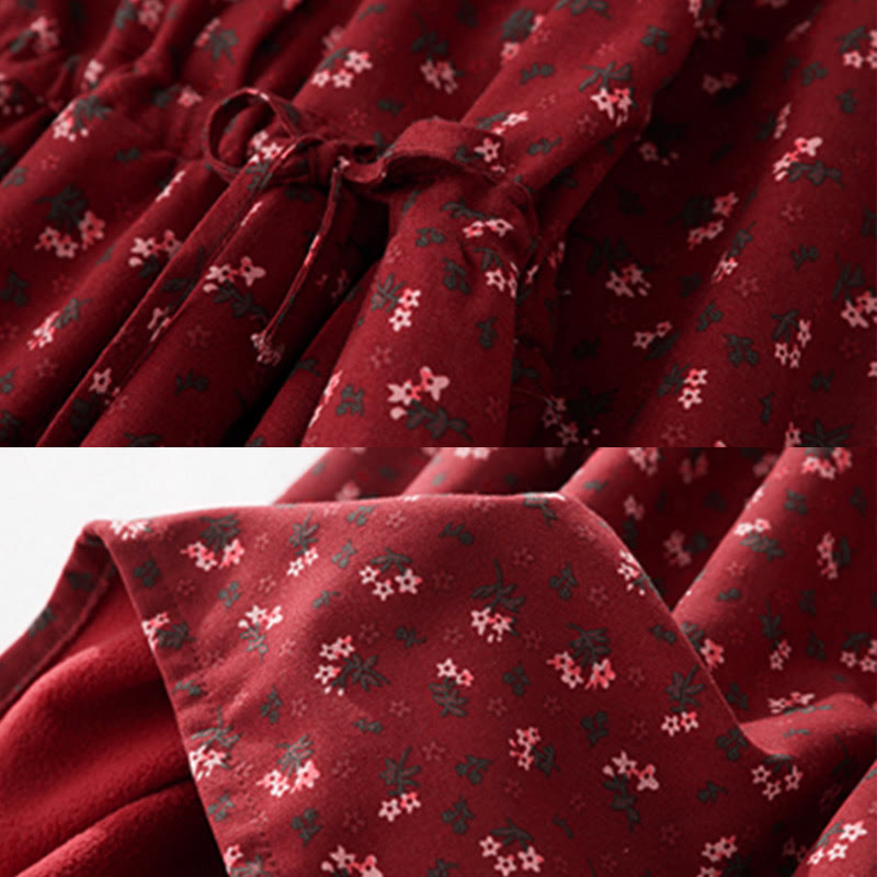 Vestido midi de pana de manga larga con bolsillos y diseño de patchwork de encaje y estampado floral de Buddha Stones - image 6