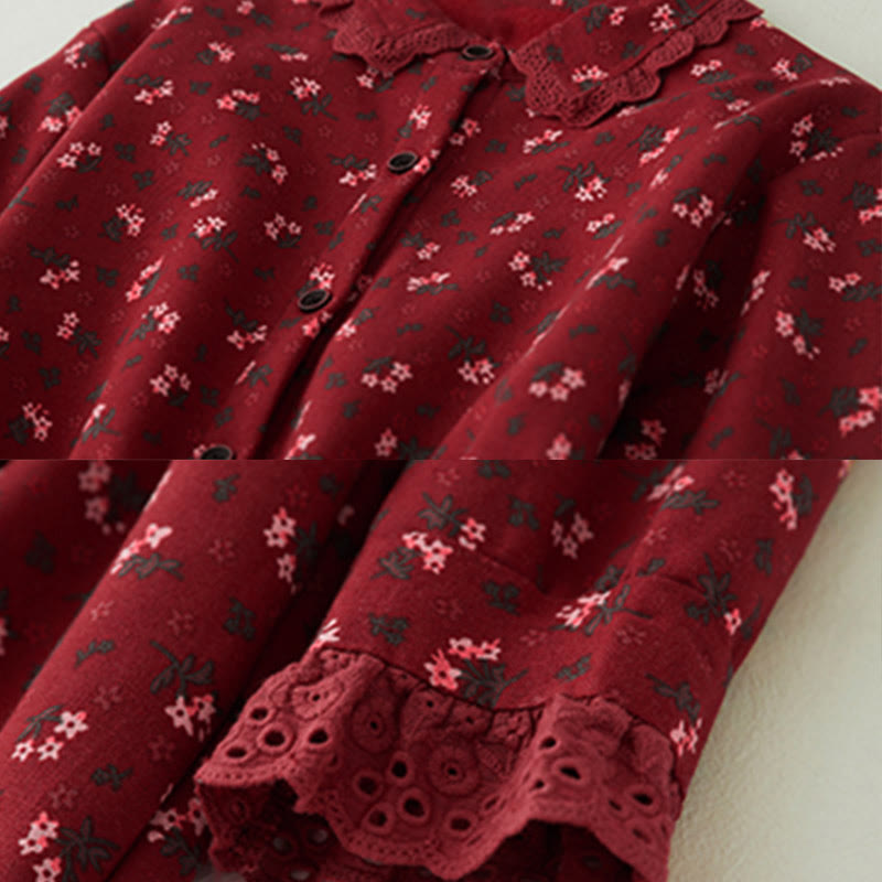 Vestido midi de pana de manga larga con bolsillos y diseño de patchwork de encaje y estampado floral de Buddha Stones - image 4