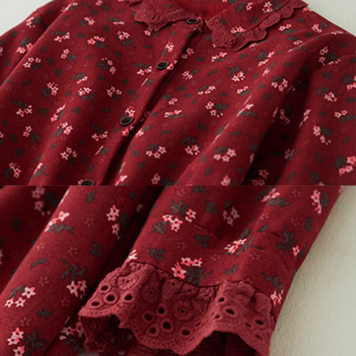 Vestido midi de pana de manga larga con bolsillos y diseño de patchwork de encaje y estampado floral de Buddha Stones - image 4