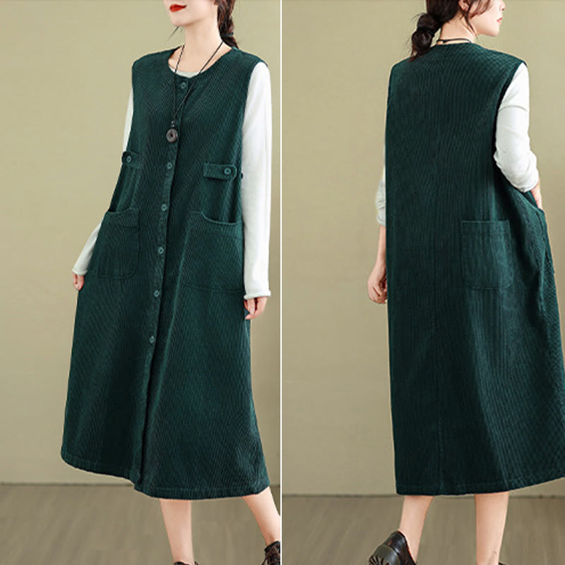 Vestido midi sin mangas con botones y bolsillos de Buddha Stones Pure Colo - image 10