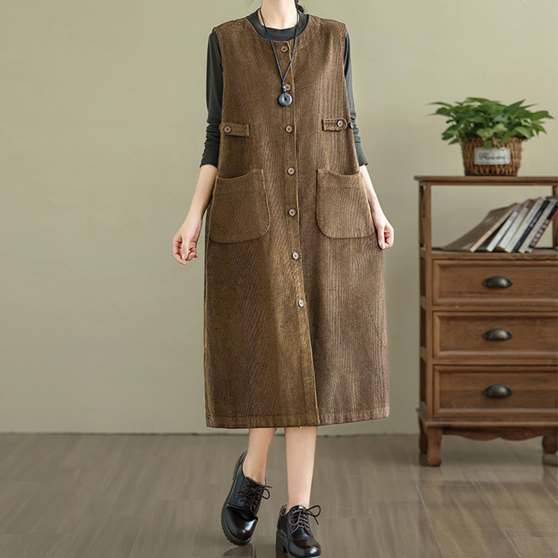 Vestido midi sin mangas con botones y bolsillos de Buddha Stones Pure Colo - image 3