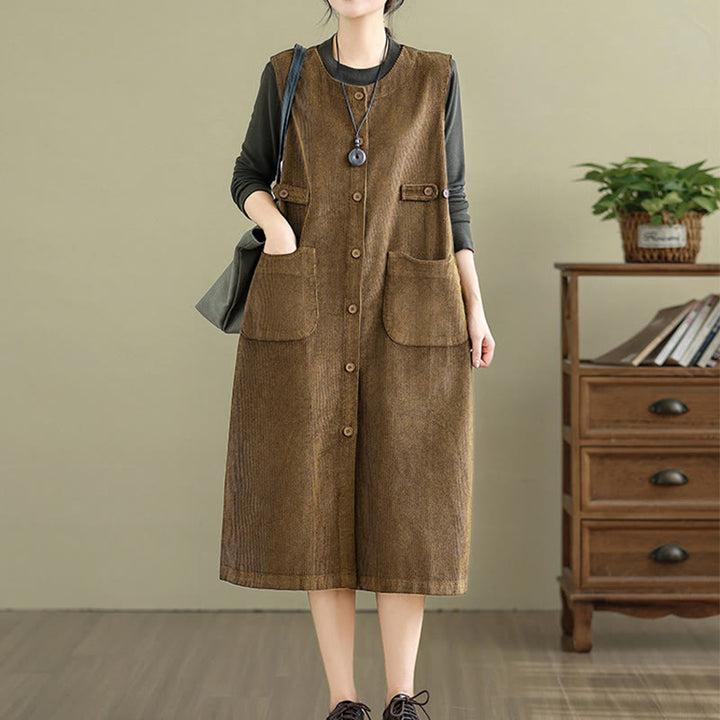 Vestido midi sin mangas con botones y bolsillos de Buddha Stones Pure Colo - image 2