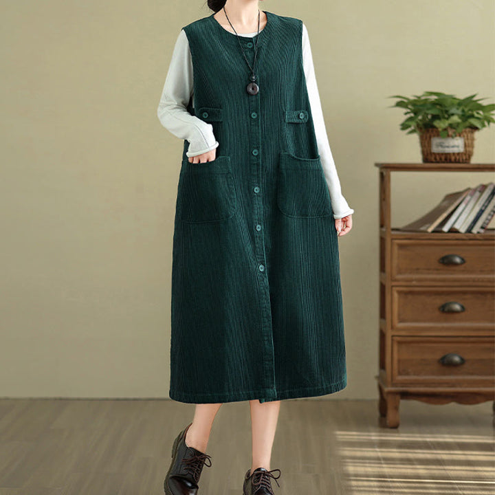 Vestido midi sin mangas con botones y bolsillos de Buddha Stones Pure Colo - image 9