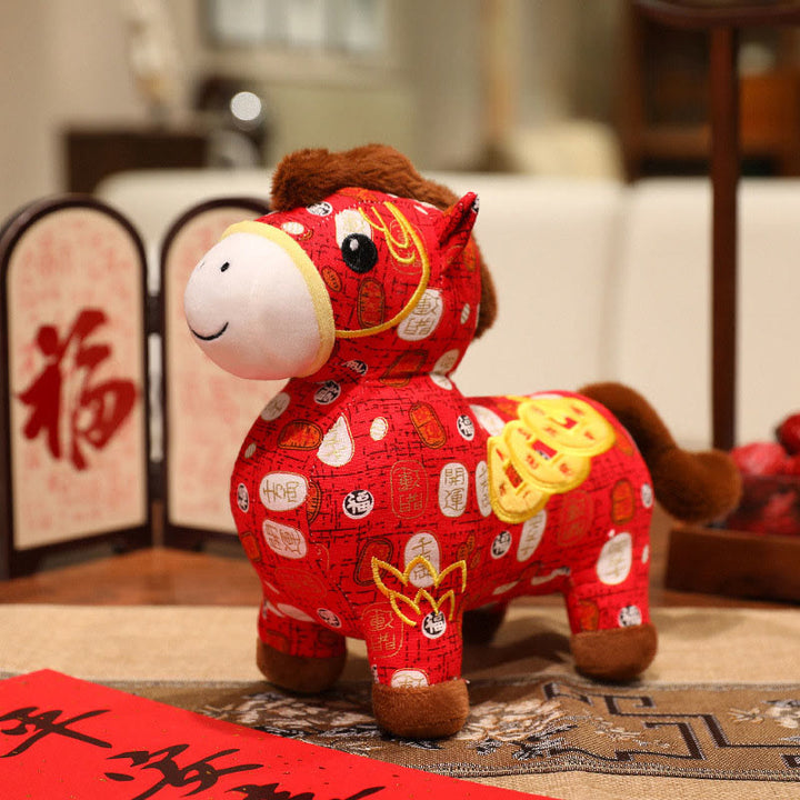 Muñeco de peluche con monedas de cobre del Año del Caballo y Buddha Stones para decoración del hogar - Rojo Blanco - 21*10*22 cm - image 1