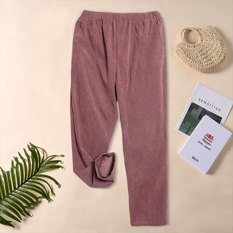 Pantalones de pana de color puro con bolsillos para mujer Buddha Stones Commute - Rojo indio - US16，UK/AU20，EU48 (3XL) - image 17