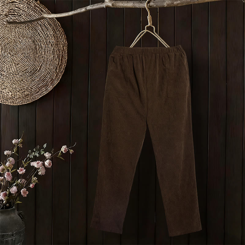 Pantalones de pana de color puro con bolsillos para mujer Buddha Stones Commute - Marrón silla de montar - US16，UK/AU20，EU48 (3XL) - image 0