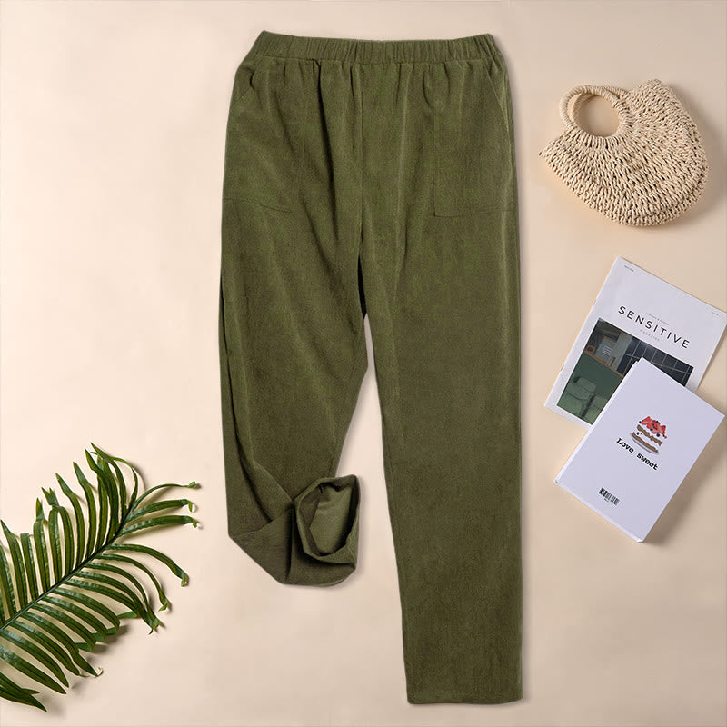 Pantalones de pana de color puro con bolsillos para mujer Buddha Stones Commute - Verde oliva - US16，UK/AU20，EU48 (3XL) - image 23