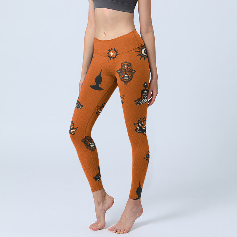 Buddha Stones Leggings de yoga para mujer con estampado de mano de Hamsa, loto y sol - Chocolate - US18，UK/AU22，EU50 (4XL) - image 0