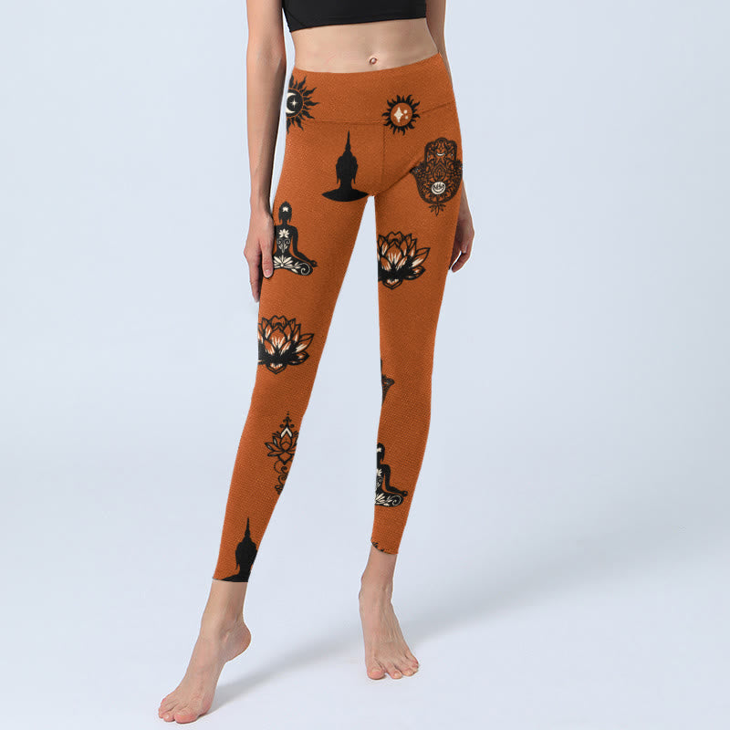 Buddha Stones Leggings de yoga para mujer con estampado de mano de Hamsa, loto y sol - image 5