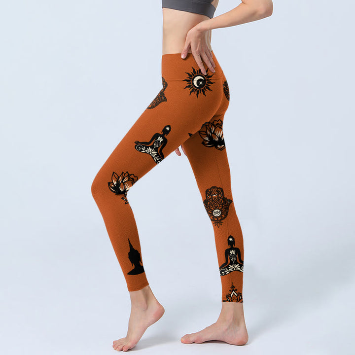 Buddha Stones Leggings de yoga para mujer con estampado de mano de Hamsa, loto y sol - image 2