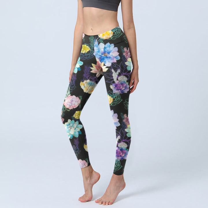 Buddha Stones Leggings de yoga para mujer con estampado de flores de acuarela de colores - Negro - US18，UK/AU22，EU50 (4XL) - image 0