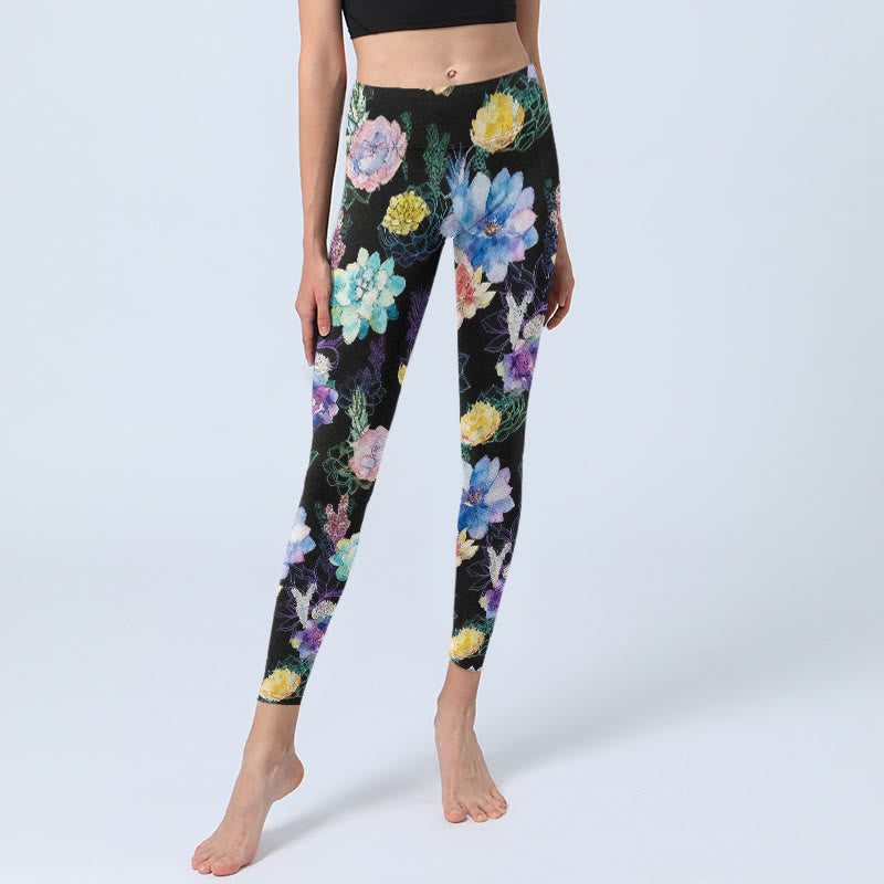 Buddha Stones Leggings de yoga para mujer con estampado de flores de acuarela de colores - image 5
