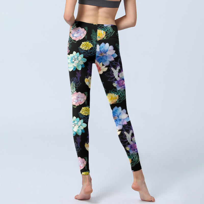 Buddha Stones Leggings de yoga para mujer con estampado de flores de acuarela de colores - image 6