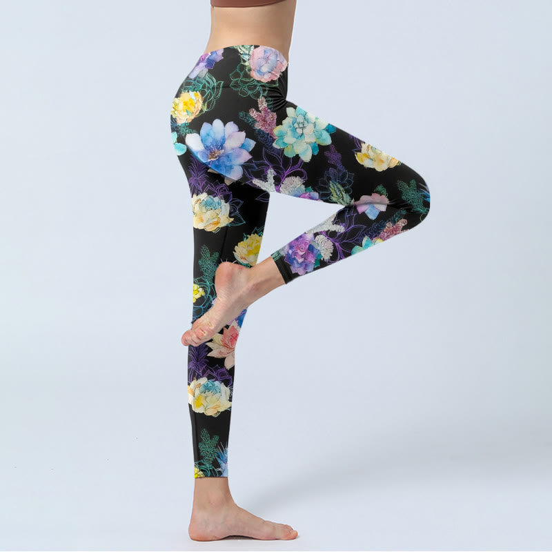 Buddha Stones Leggings de yoga para mujer con estampado de flores de acuarela de colores - image 3