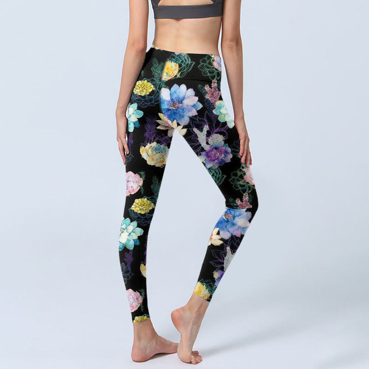Buddha Stones Leggings de yoga para mujer con estampado de flores de acuarela de colores - image 4