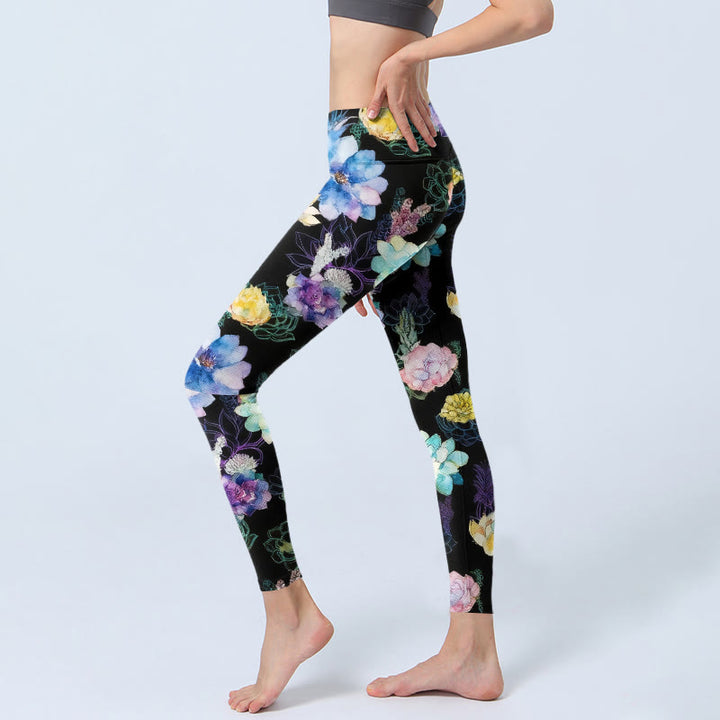 Buddha Stones Leggings de yoga para mujer con estampado de flores de acuarela de colores - image 2