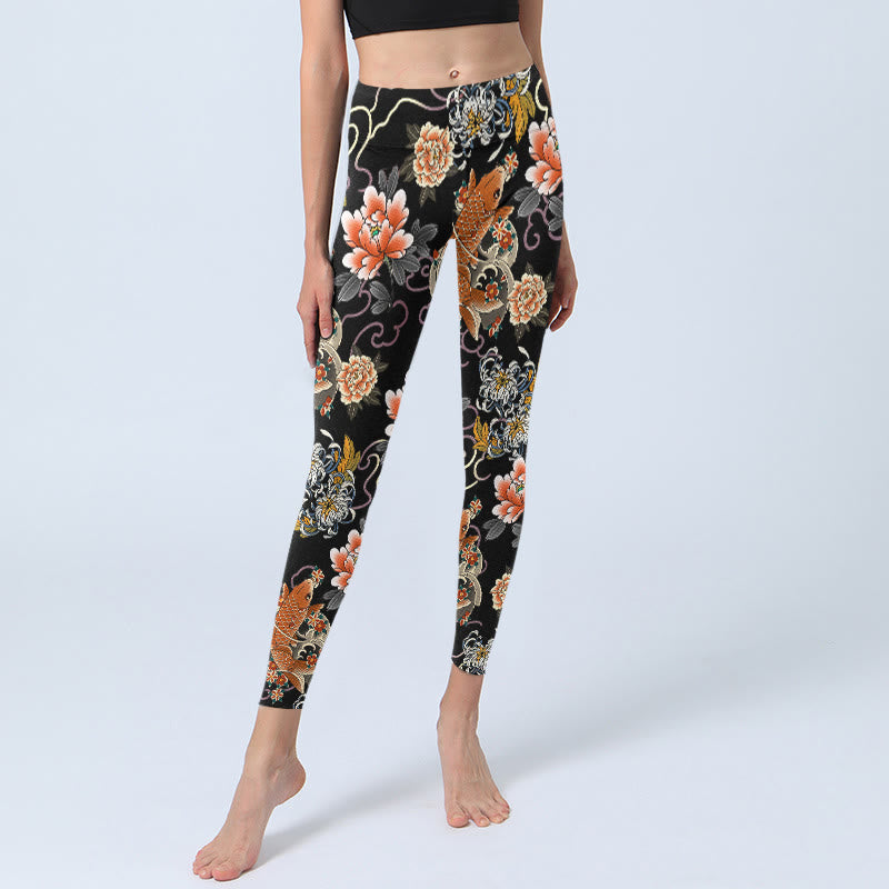 Buddha Stones Leggings de yoga para mujer con estampado de peces koi, peonías, crisantemos y nubes - image 5