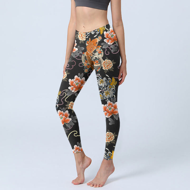 Buddha Stones Leggings de yoga para mujer con estampado de peces koi, peonías, crisantemos y nubes - Negro - US18，UK/AU22，EU50 (4XL) - image 0