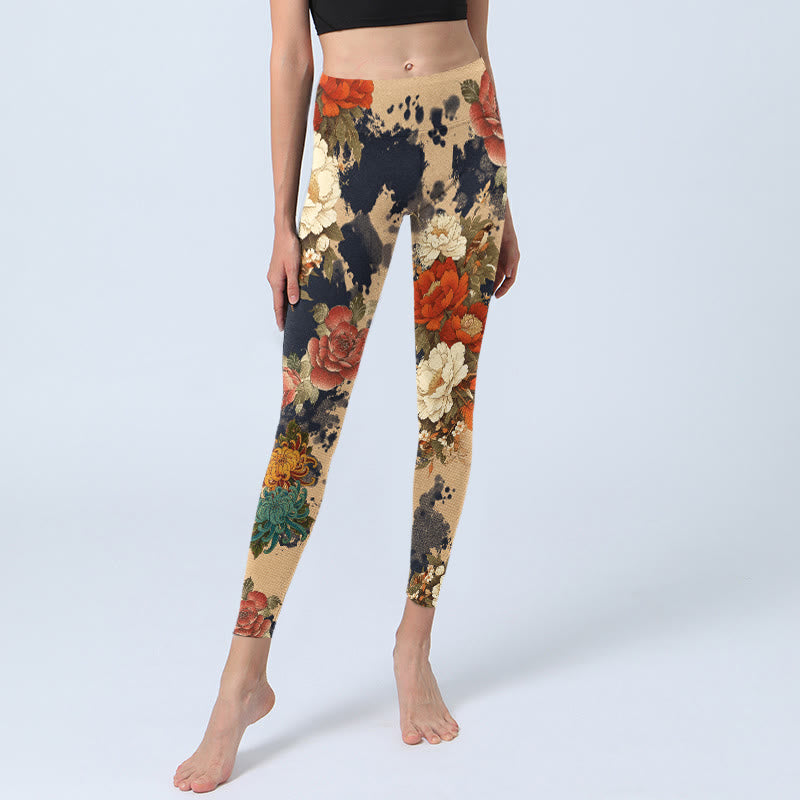 Buddha Stones Leggings de yoga para mujer con estampado de peonías y crisantemos en estilo de pintura a tinta - image 5