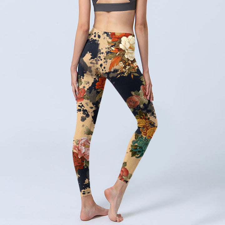 Buddha Stones Leggings de yoga para mujer con estampado de peonías y crisantemos en estilo de pintura a tinta - image 4