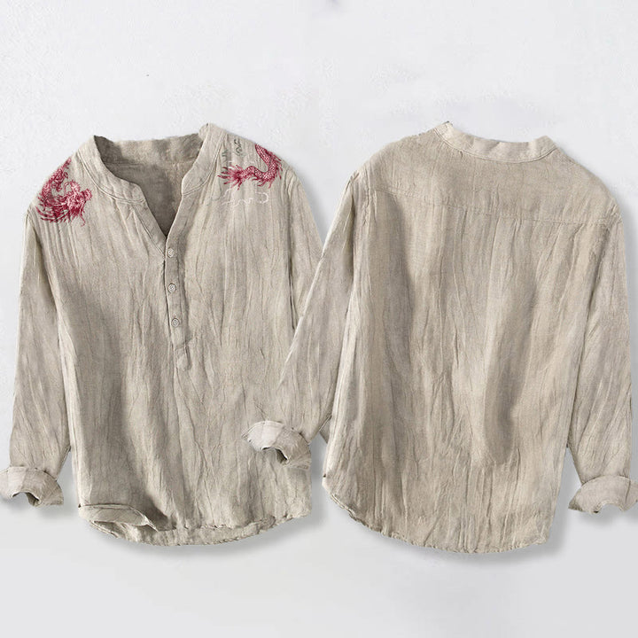 Camisa de manga larga de lino y algodón para hombre con estampado de dragón rojo y Buddha Stones, con botones y medio cuello - image 8