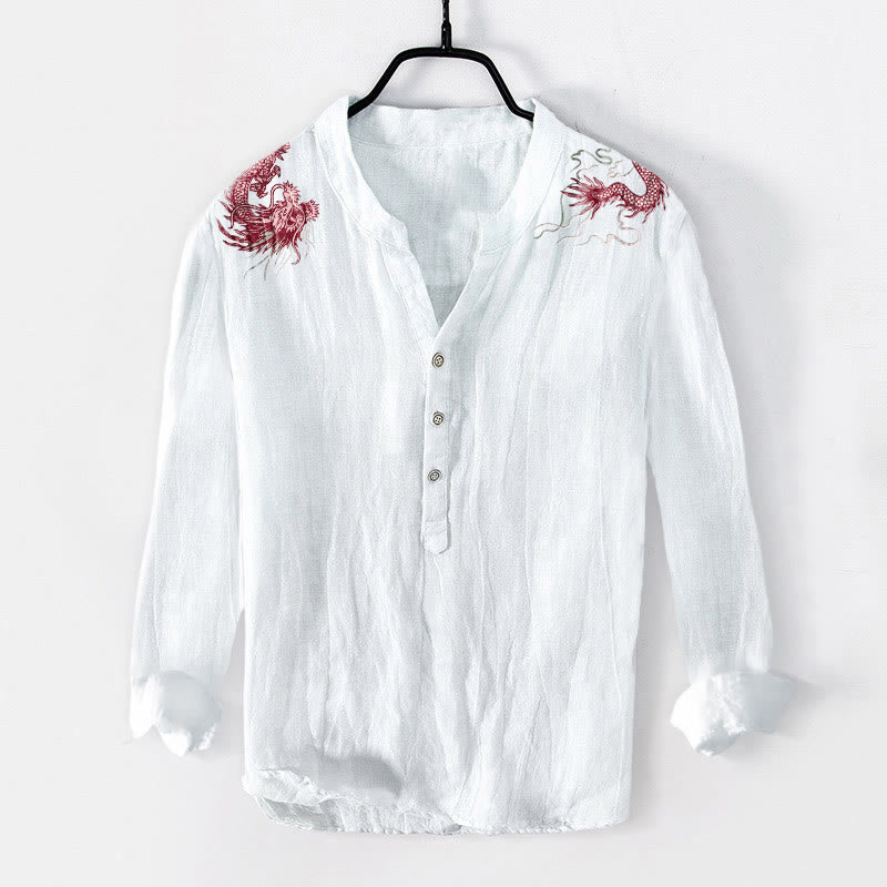 Camisa de manga larga de lino y algodón para hombre con estampado de dragón rojo y Buddha Stones, con botones y medio cuello - Blanco - US/UK/AU50, EU60 (5XL) - image 3