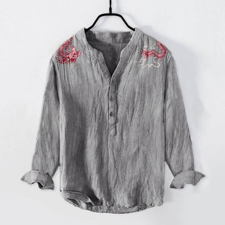 Camisa de manga larga de lino y algodón para hombre con estampado de dragón rojo y Buddha Stones, con botones y medio cuello - Gris - US/UK/AU50, EU60 (5XL) - image 0