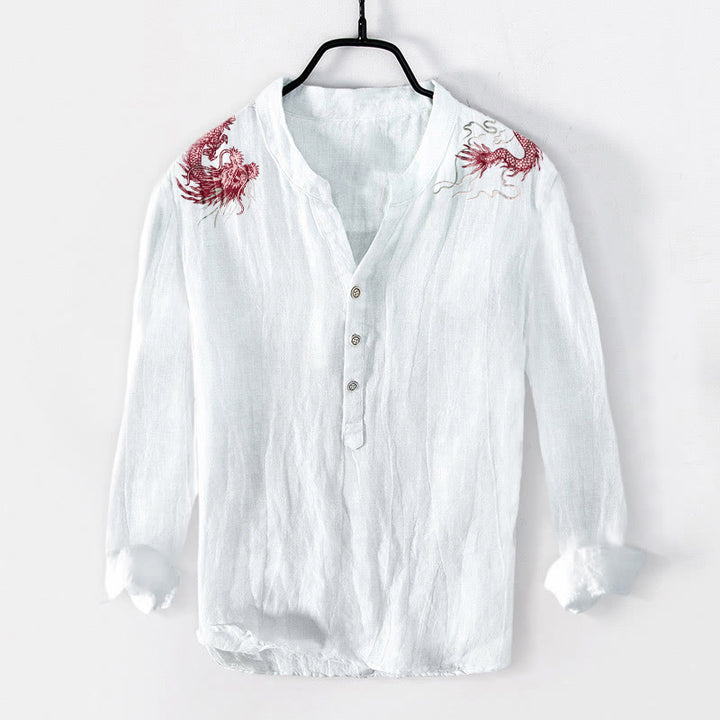 Camisa de manga larga de lino y algodón para hombre con estampado de dragón rojo y Buddha Stones, con botones y medio cuello - Blanco - US/UK/AU50, EU60 (5XL) - image 3