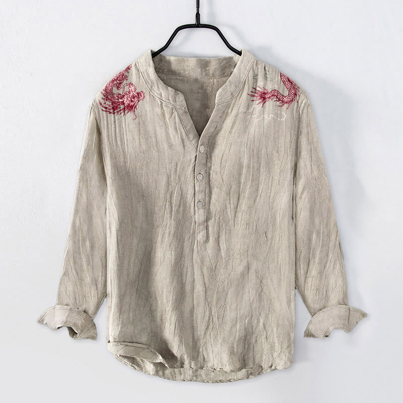 Camisa de manga larga de lino y algodón para hombre con estampado de dragón rojo y Buddha Stones, con botones y medio cuello - Lino - US/UK/AU50, EU60 (5XL) - image 6