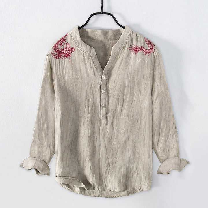 Camisa de manga larga de lino y algodón para hombre con estampado de dragón rojo y Buddha Stones, con botones y medio cuello - Lino - US/UK/AU50, EU60 (5XL) - image 6