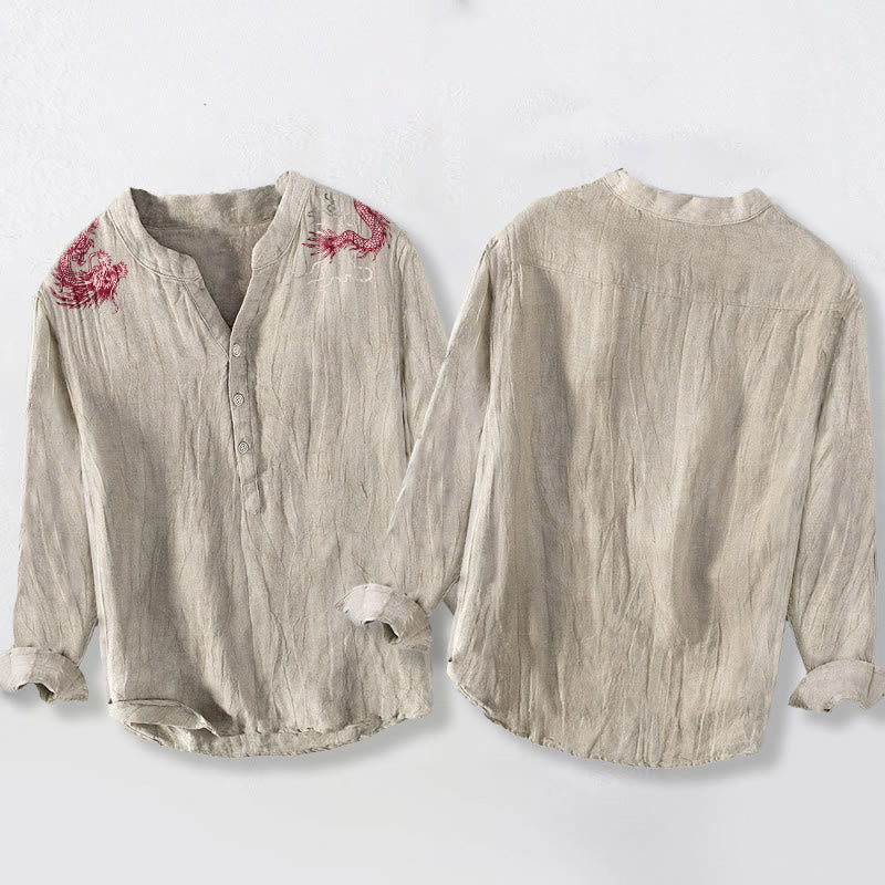 Camisa de manga larga de lino y algodón para hombre con estampado de dragón rojo y Buddha Stones, con botones y medio cuello - image 8