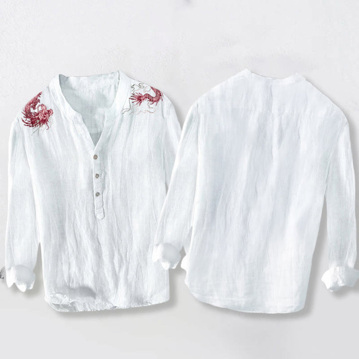 Camisa de manga larga de lino y algodón para hombre con estampado de dragón rojo y Buddha Stones, con botones y medio cuello - image 5