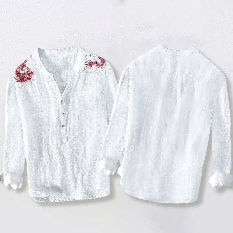 Camisa de manga larga de lino y algodón para hombre con estampado de dragón rojo y Buddha Stones, con botones y medio cuello - image 5