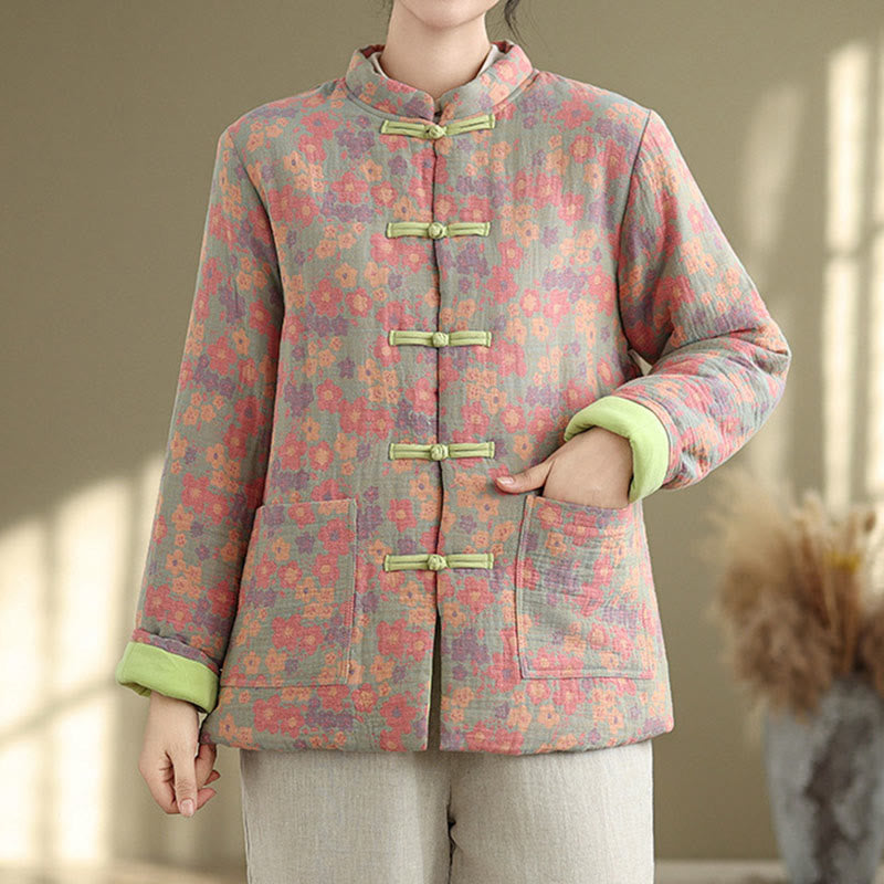 Chaqueta de invierno de algodón grueso con estampado floral, manga larga y bolsillos para mujer de Buddha Stones - Verde mar oscuro - US8-10，UK/AU12-14，EU40-42 (2XL) - image 0