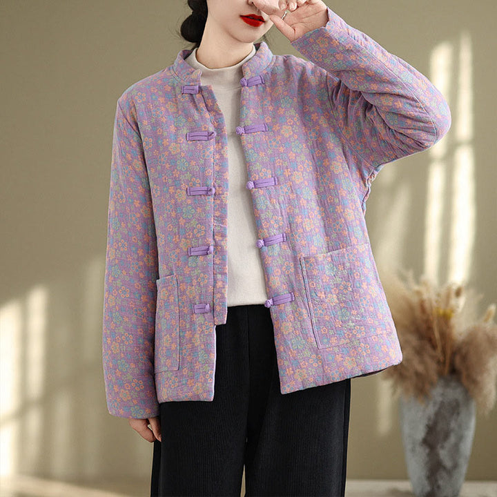 Chaqueta de invierno de algodón grueso con estampado floral, manga larga y bolsillos para mujer de Buddha Stones - image 19