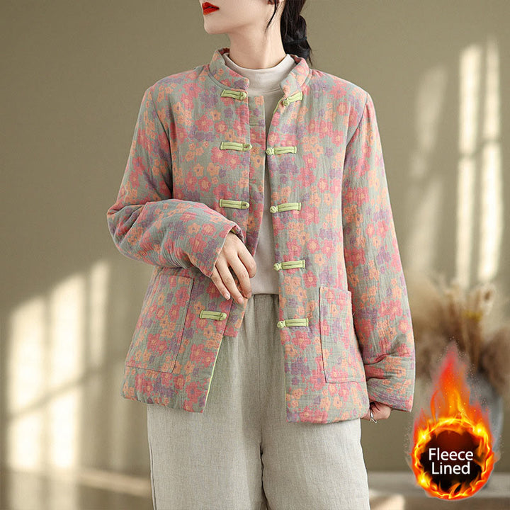 Chaqueta de invierno de algodón grueso con estampado floral, manga larga y bolsillos para mujer de Buddha Stones - image 1