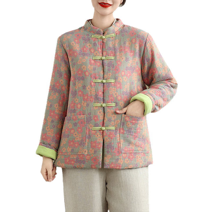 Chaqueta de invierno de algodón grueso con estampado floral, manga larga y bolsillos para mujer de Buddha Stones - image 6