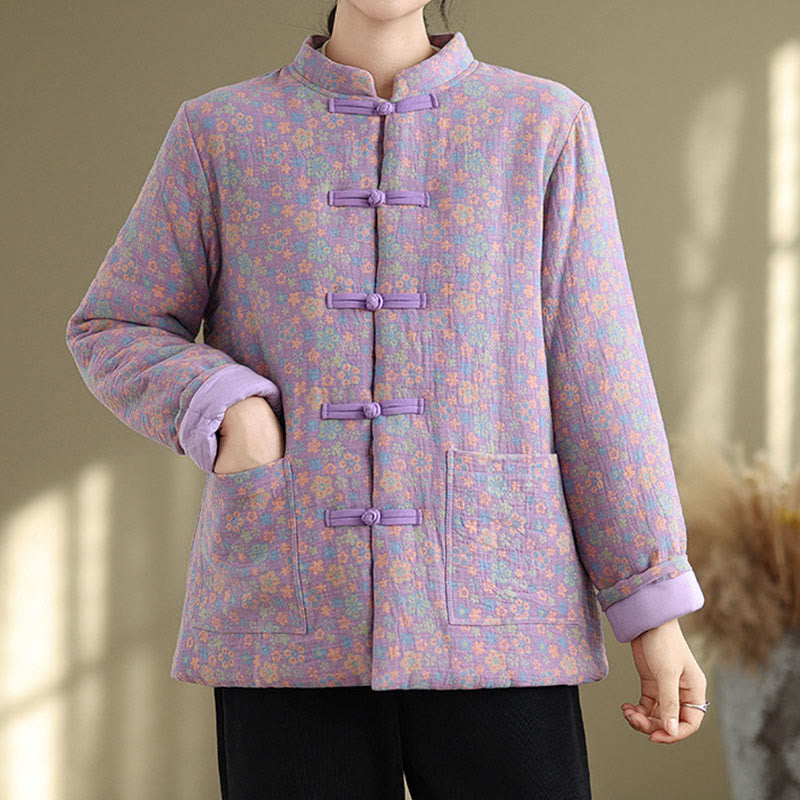 Chaqueta de invierno de algodón grueso con estampado floral, manga larga y bolsillos para mujer de Buddha Stones - image 18