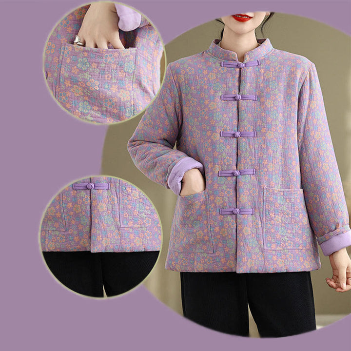 Chaqueta de invierno de algodón grueso con estampado floral, manga larga y bolsillos para mujer de Buddha Stones - image 25