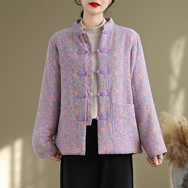 Chaqueta de invierno de algodón grueso con estampado floral, manga larga y bolsillos para mujer de Buddha Stones - image 21