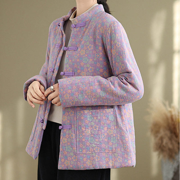 Chaqueta de invierno de algodón grueso con estampado floral, manga larga y bolsillos para mujer de Buddha Stones - image 20