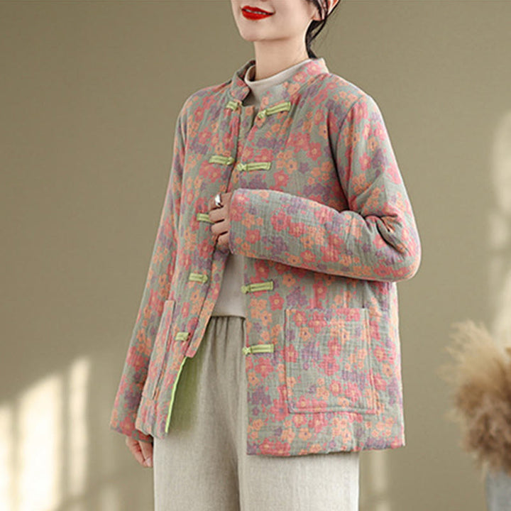 Chaqueta de invierno de algodón grueso con estampado floral, manga larga y bolsillos para mujer de Buddha Stones - image 3