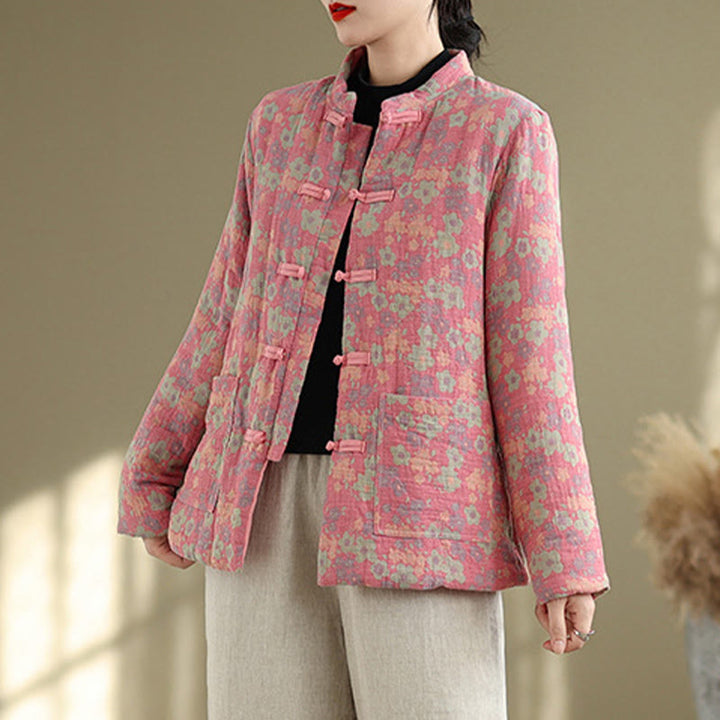 Chaqueta de invierno de algodón grueso con estampado floral, manga larga y bolsillos para mujer de Buddha Stones - image 12