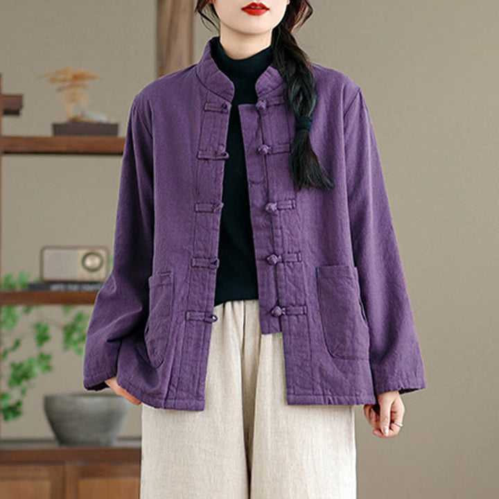 Chaqueta térmica de manga larga con botones y bolsillos para mujer de Buddha Stones, lisa, acolchada de algodón - image 10