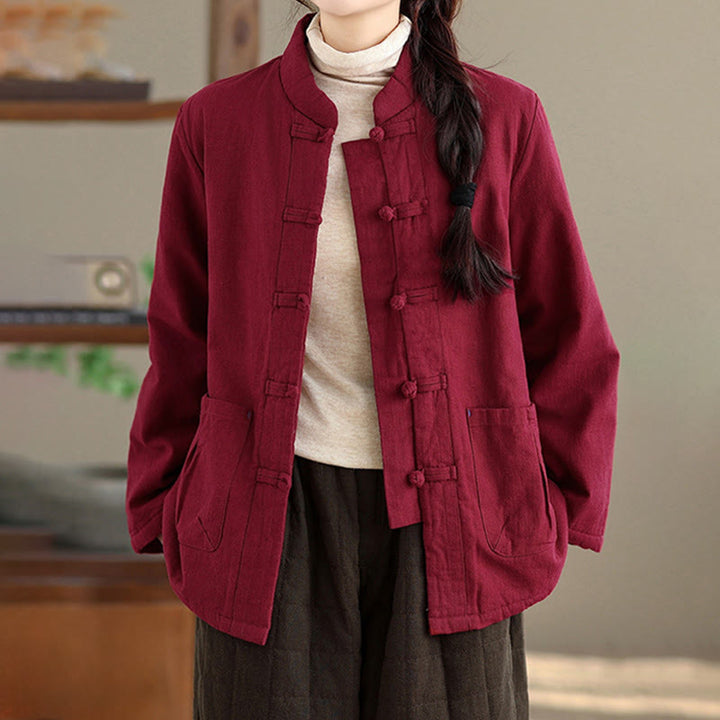 Chaqueta térmica de manga larga con botones y bolsillos para mujer de Buddha Stones, lisa, acolchada de algodón - image 1