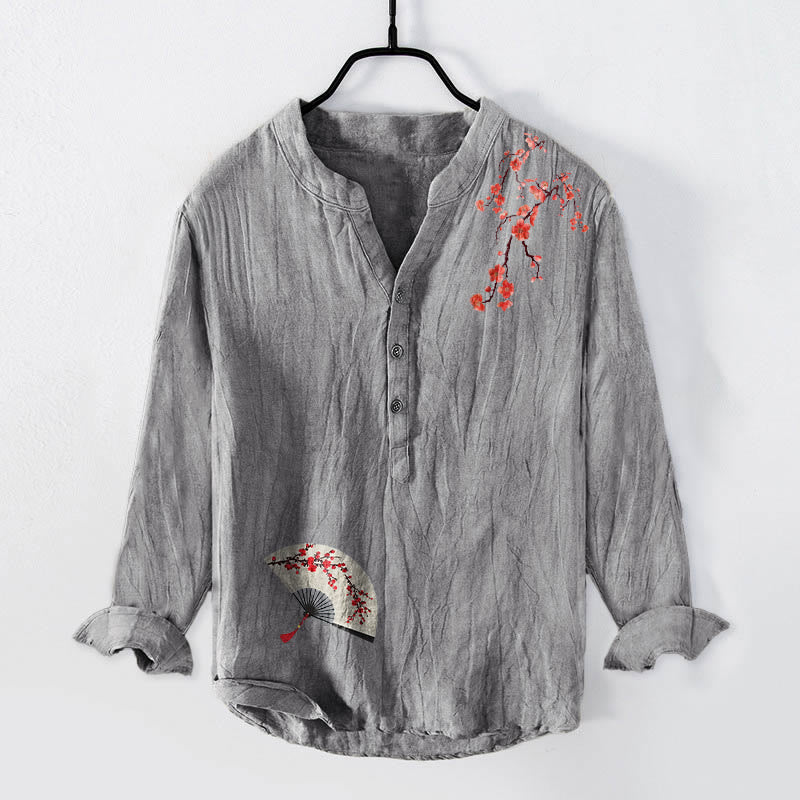 Camisa de manga larga para hombre, de algodón y lino, con estampado de abanico plegable con flores de ciruelo y Buddha Stones. Media botonadura. - Gris - US/UK/AU50, EU60 (5XL) - image 3