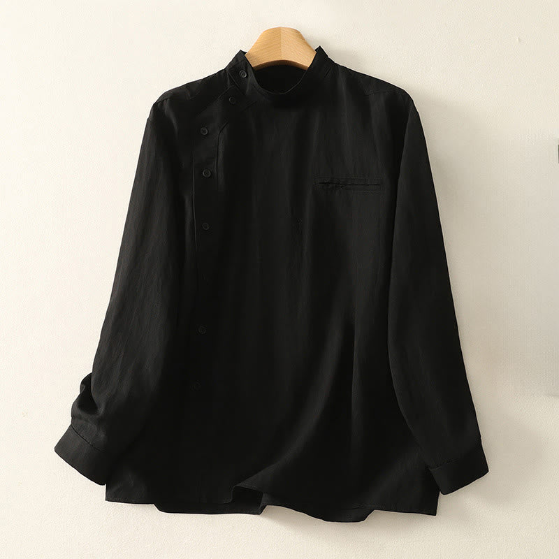 Camisa de algodón de manga larga para mujer, diseño simple, con cuello alto y botones de rana chinos y Buddha Stones - Negro - US8-10，UK/AU12-14，EU40-42 (2XL) - image 11