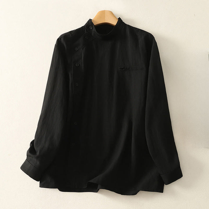 Camisa de algodón de manga larga para mujer, diseño simple, con cuello alto y botones de rana chinos y Buddha Stones - Negro - US8-10，UK/AU12-14，EU40-42 (2XL) - image 11